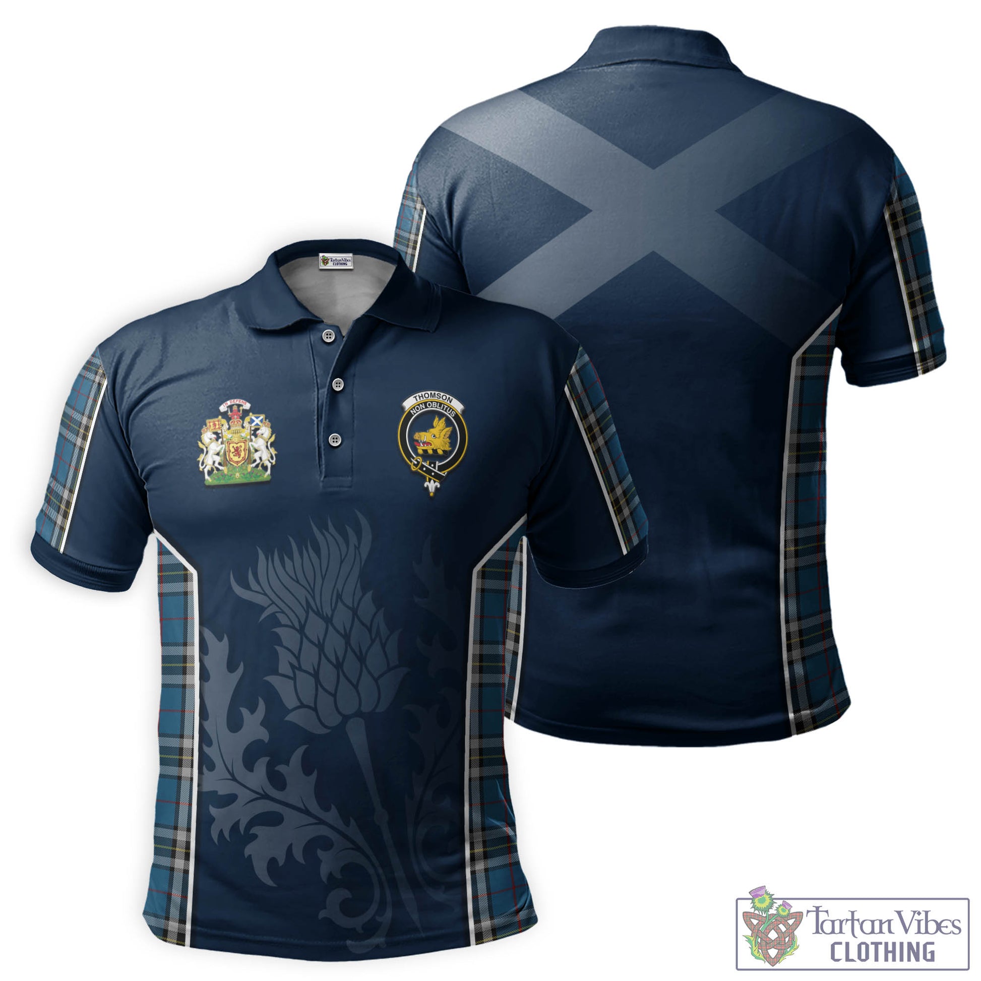 Thomson Dress Blue Tartan Men's Polo Shirt with Family Crest and Scottish Thistle Vibes Sport Style Kid - Tartan Vibes Clothing