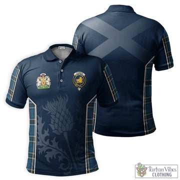 Thomson Dress Blue Tartan Men's Polo Shirt with Family Crest and Scottish Thistle Vibes Sport Style