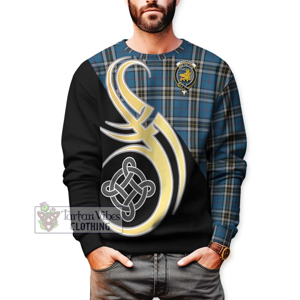 Thomson Dress Blue Tartan Sweatshirt with Family Crest and Celtic Symbol Style Unisex - Tartan Vibes Clothing