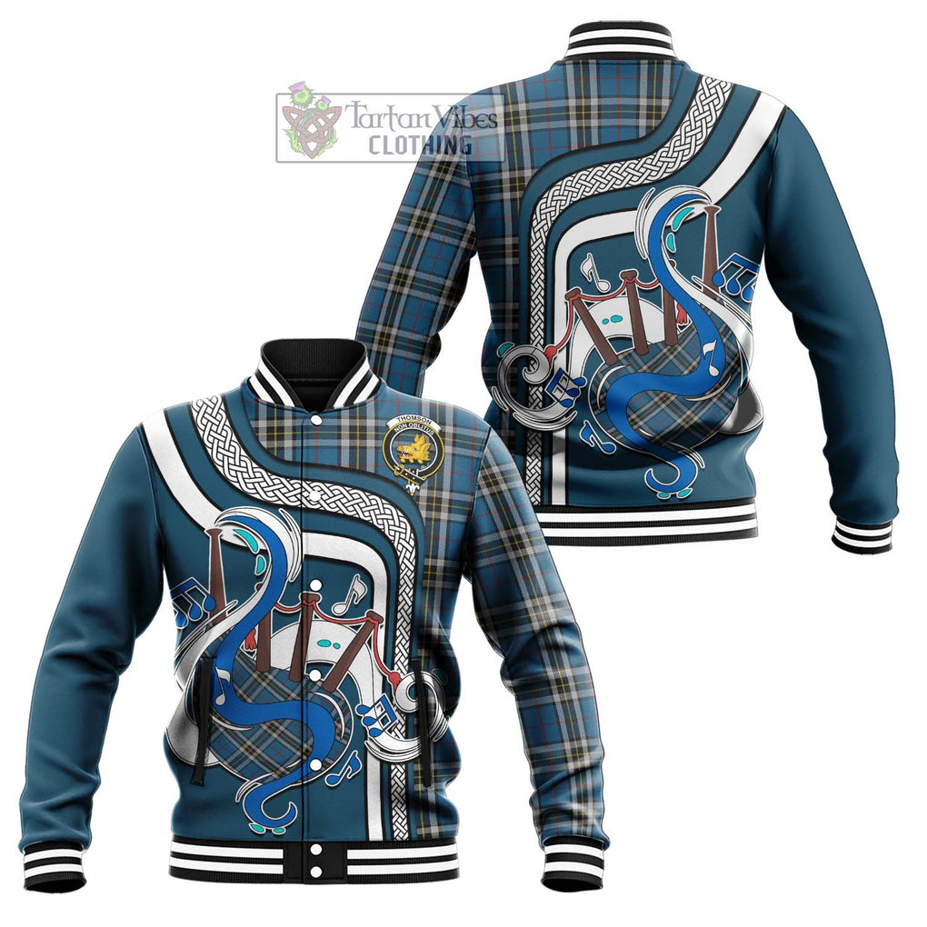 Tartan Vibes Clothing Thomson Dress Blue Tartan Baseball Jacket with Epic Bagpipe Style