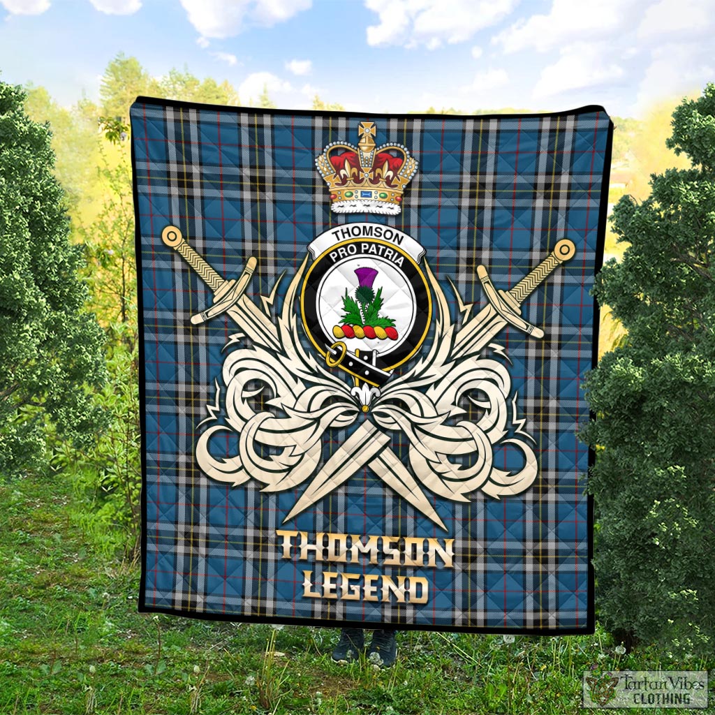 Tartan Vibes Clothing Thomson Dress Blue Tartan Quilt with Clan Crest and the Golden Sword of Courageous Legacy