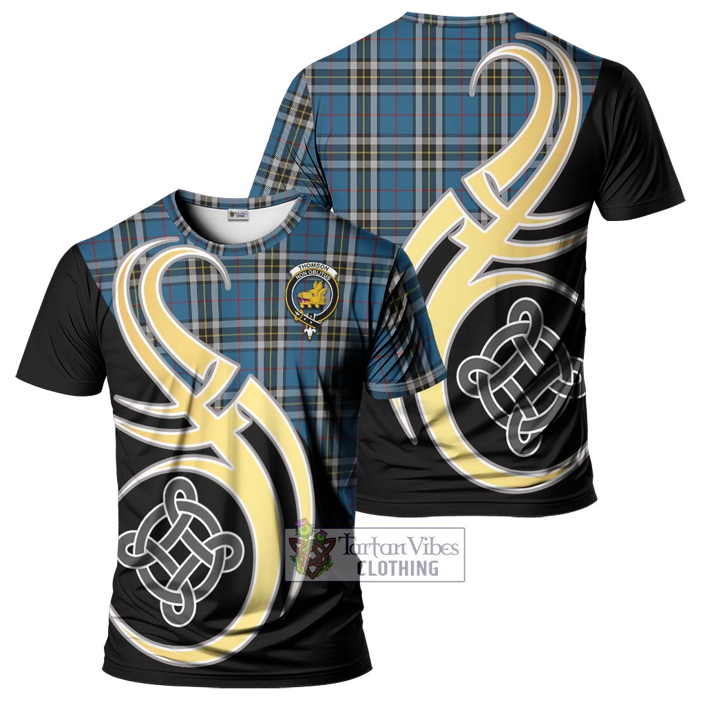 Tartan Vibes Clothing Thomson Dress Blue Tartan T-Shirt with Family Crest and Celtic Symbol Style