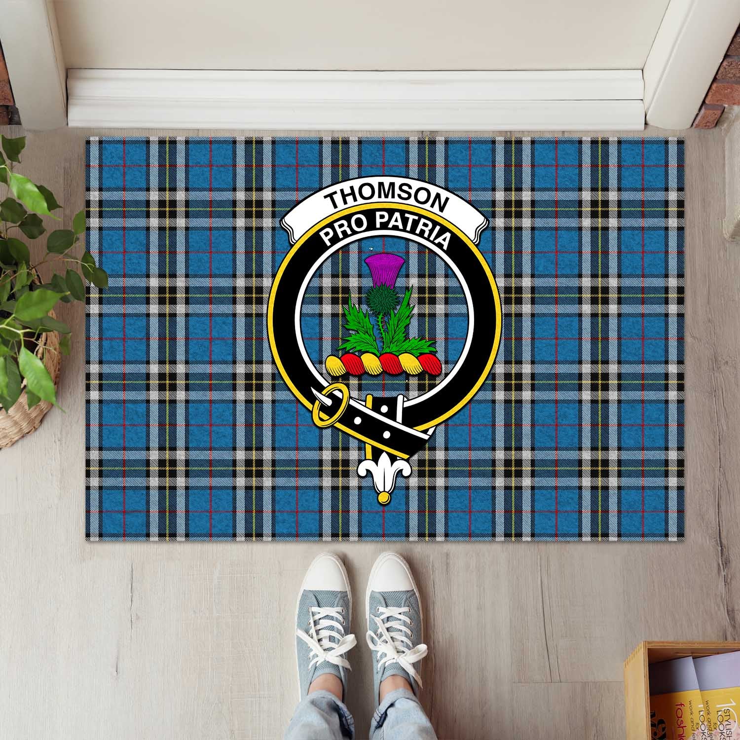 Thomson Dress Blue Tartan Door Mat with Family Crest - Tartanvibesclothing Shop