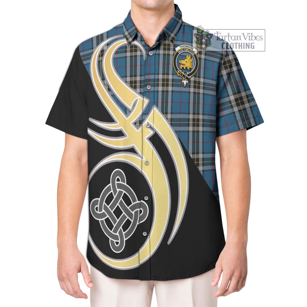 Thomson Dress Blue Tartan Short Sleeve Button Shirt with Family Crest and Celtic Symbol Style Kid - Tartan Vibes Clothing