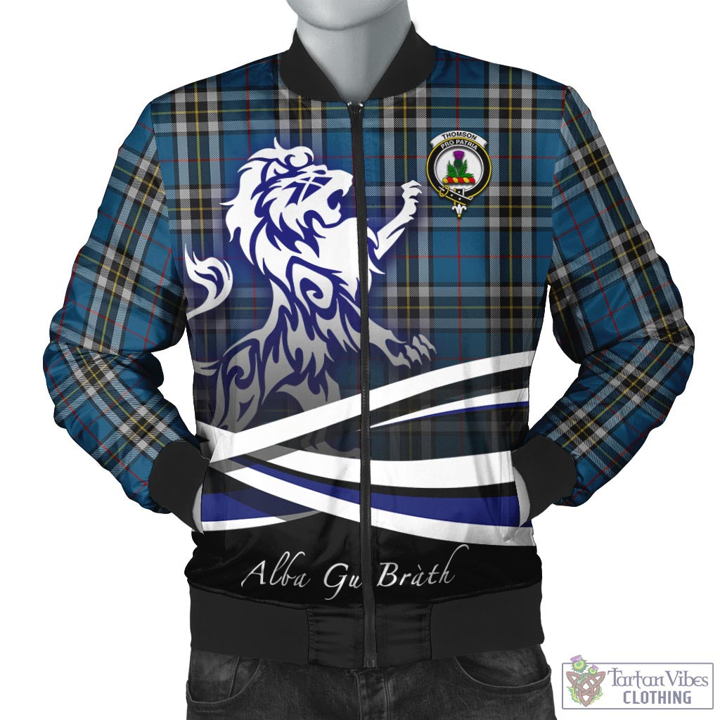 Tartan Vibes Clothing Thomson Dress Blue Tartan Bomber Jacket with Alba Gu Brath Regal Lion Emblem