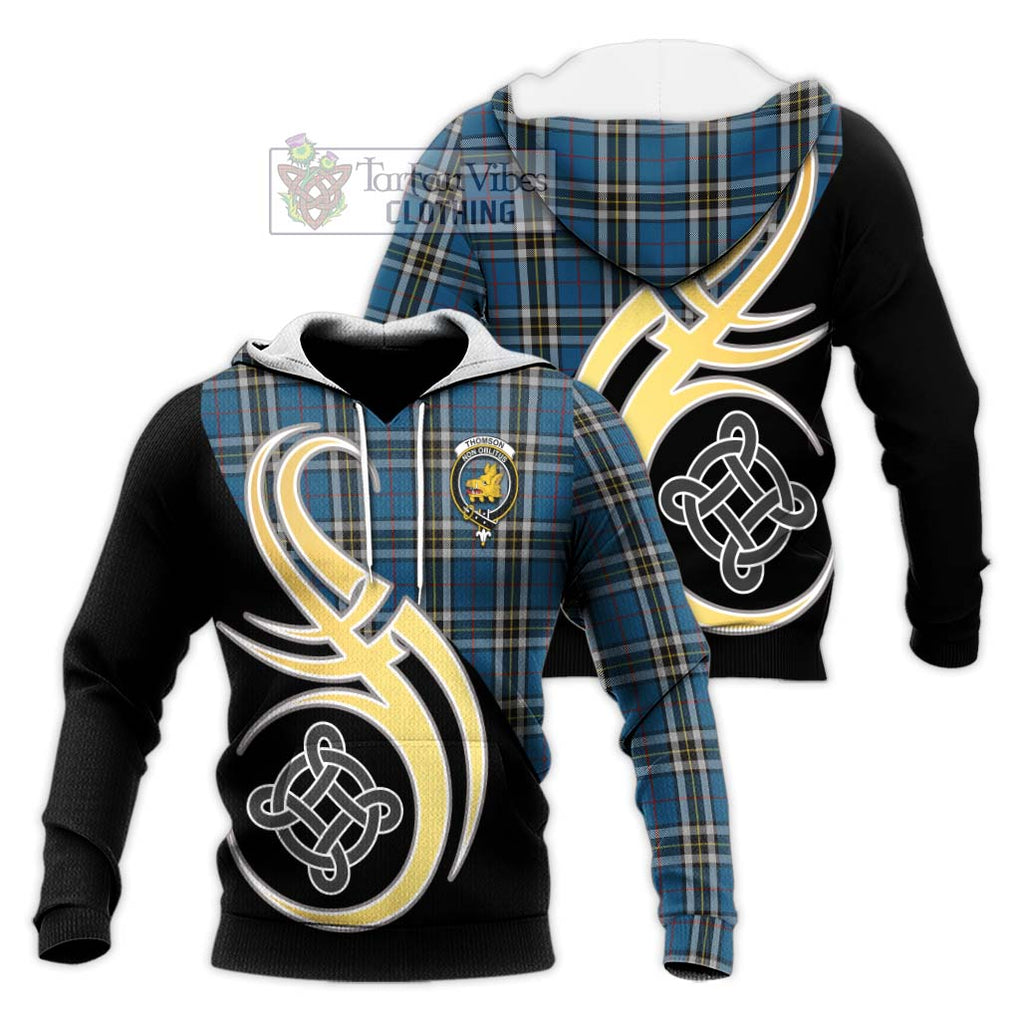 Thomson Dress Blue Tartan Knitted Hoodie with Family Crest and Celtic Symbol Style Unisex Knitted Pullover Hoodie - Tartan Vibes Clothing