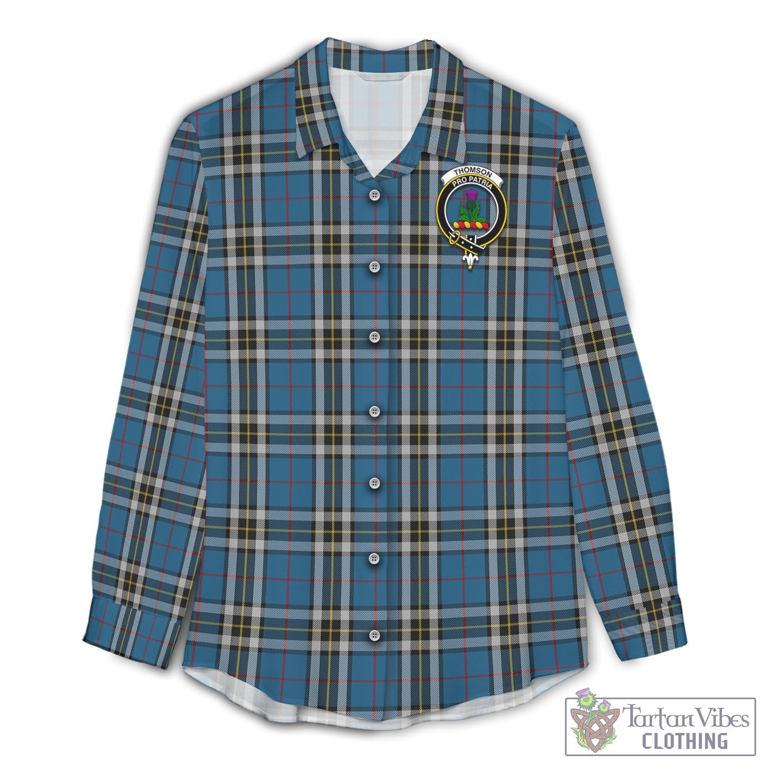 Tartan Vibes Clothing Thomson Dress Blue Tartan Womens Casual Shirt with Family Crest