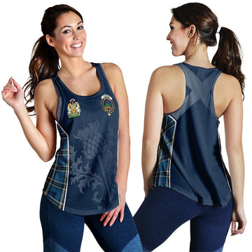 Thomson Dress Blue Tartan Women's Racerback Tanks with Family Crest and Scottish Thistle Vibes Sport Style