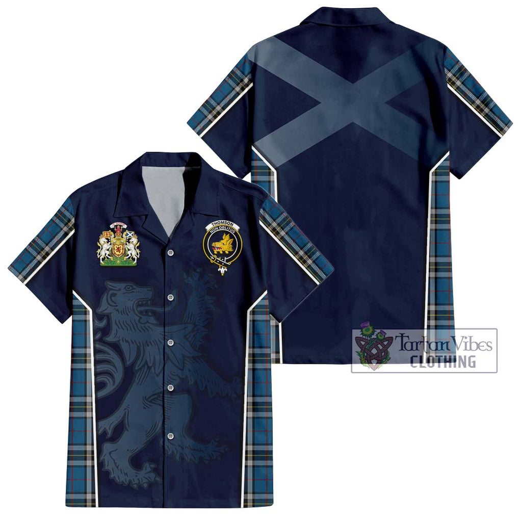 Thomson Dress Blue Tartan Short Sleeve Button Shirt with Family Crest and Lion Rampant Vibes Sport Style Kid - Tartan Vibes Clothing