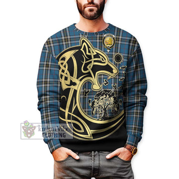 Thomson Dress Blue Tartan Sweatshirt with Family Crest Celtic Wolf Style