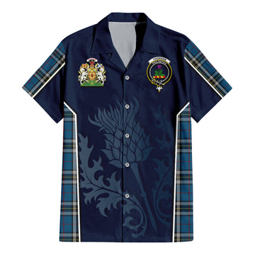 Thomson Dress Blue Tartan Short Sleeve Button Up Shirt with Family Crest and Scottish Thistle Vibes Sport Style