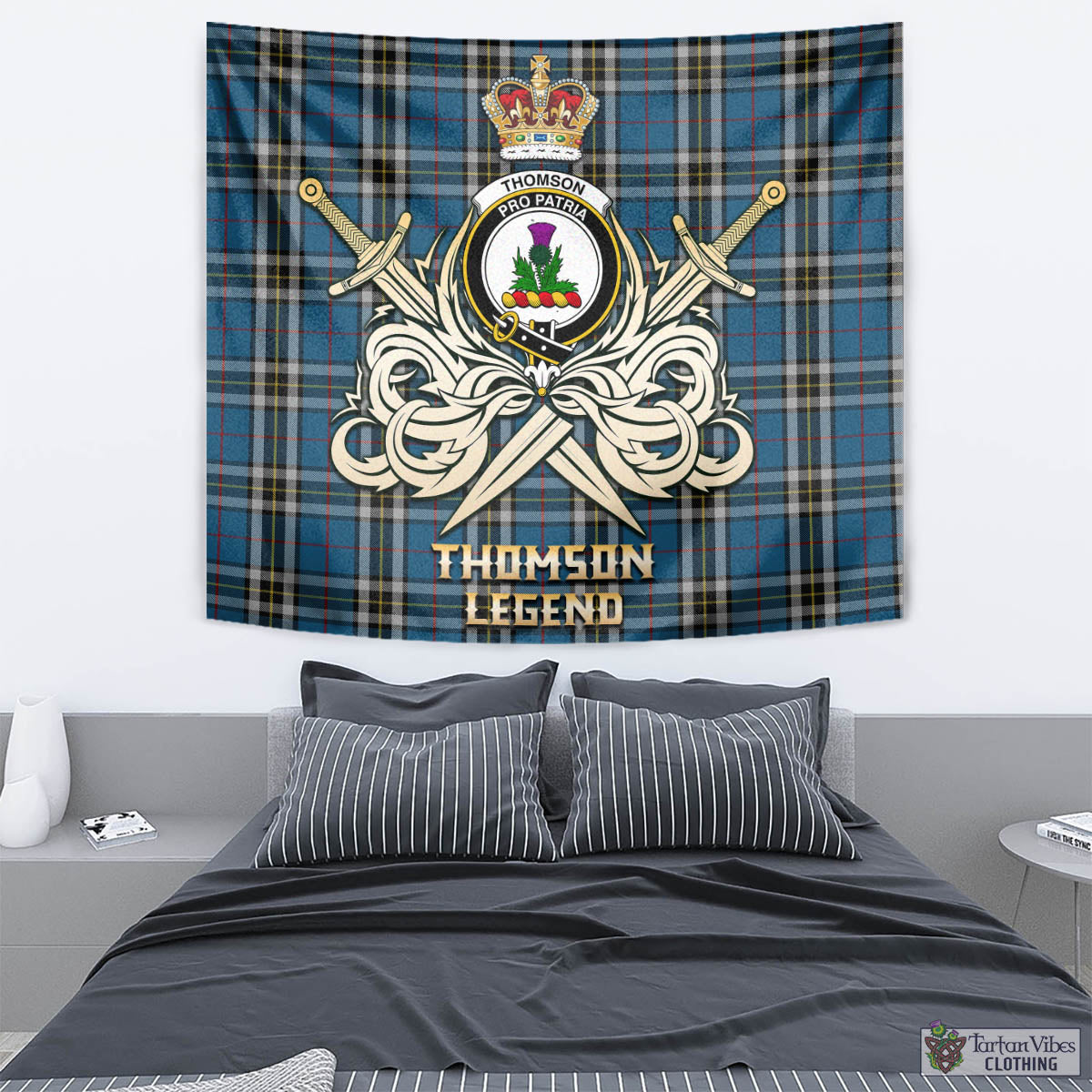 Tartan Vibes Clothing Thomson Dress Blue Tartan Tapestry with Clan Crest and the Golden Sword of Courageous Legacy