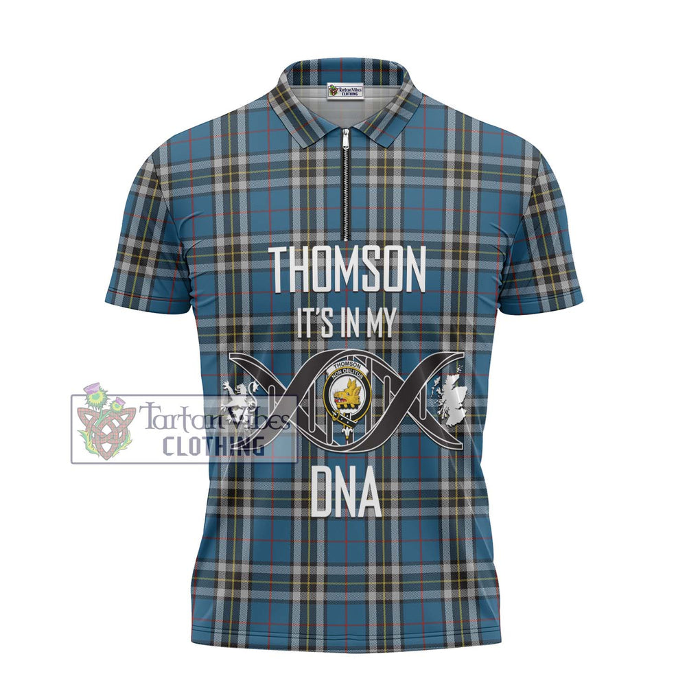 Thomson Dress Blue Tartan Zipper Polo Shirt with Family Crest DNA In Me Style - Tartanvibesclothing Shop