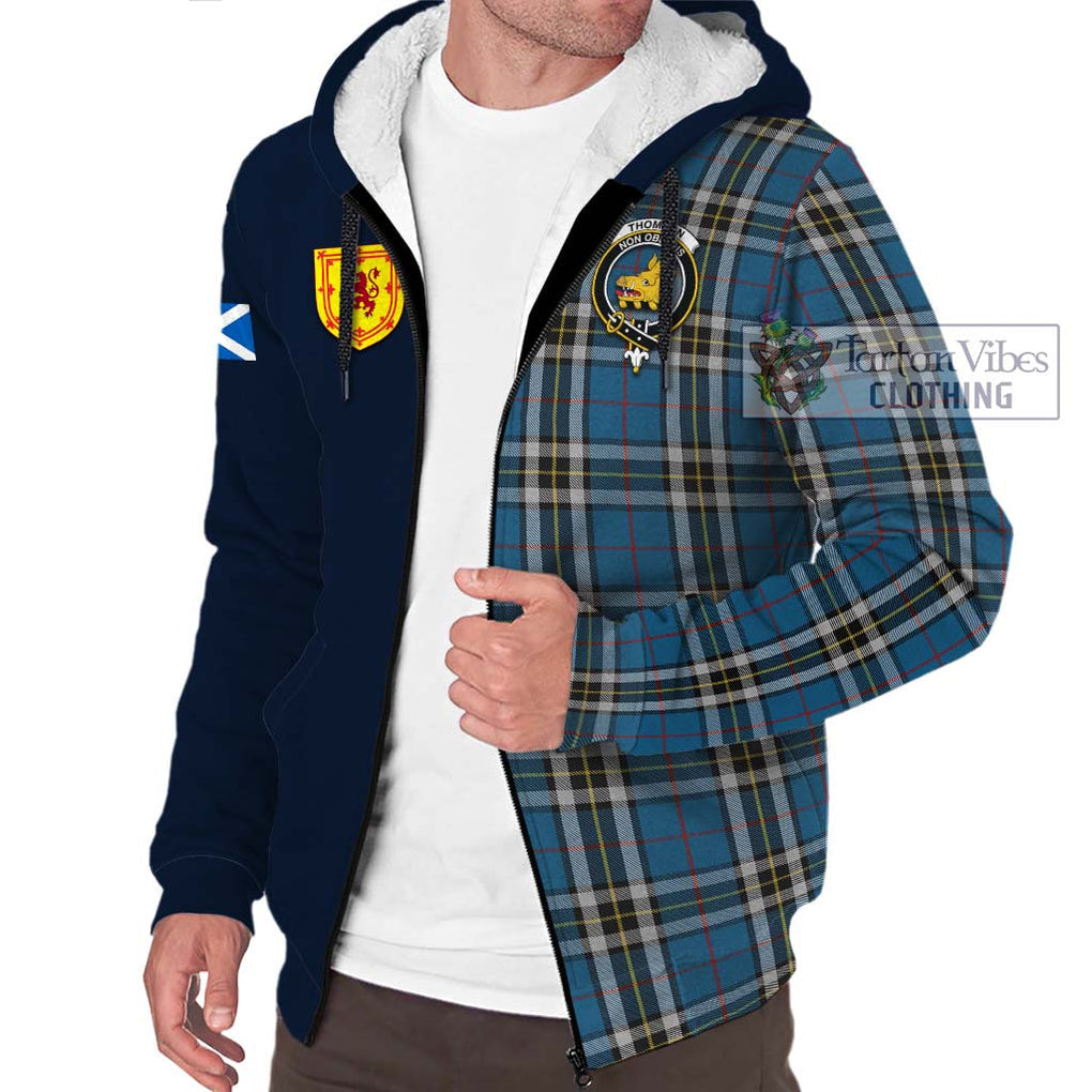 Tartan Vibes Clothing Thomson Dress Blue Tartan Sherpa Hoodie with Scottish Lion Royal Arm Half Style