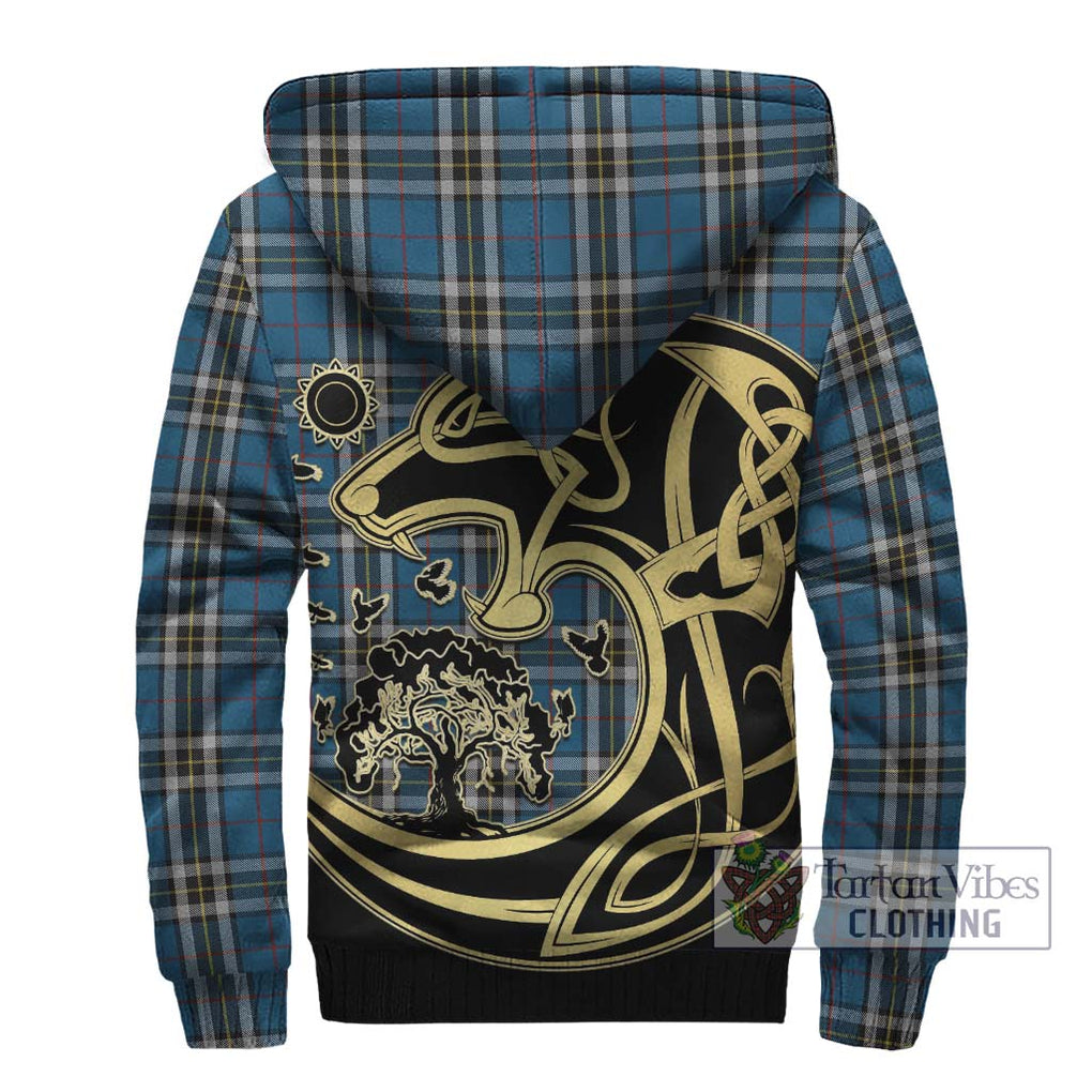 Thomson Dress Blue Tartan Sherpa Hoodie with Family Crest Celtic Wolf Style - Tartan Vibes Clothing