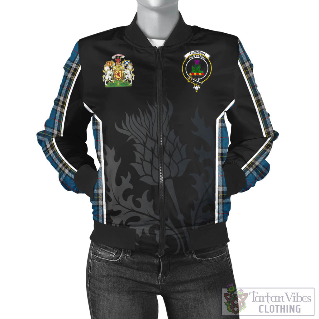 Tartan Vibes Clothing Thomson Dress Blue Tartan Bomber Jacket with Family Crest and Scottish Thistle Vibes Sport Style