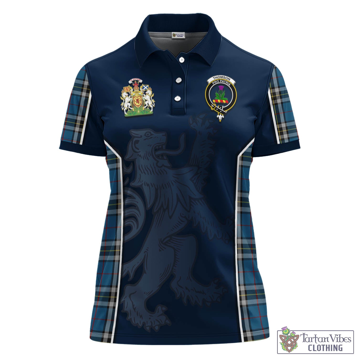 Thomson Dress Blue Tartan Women's Polo Shirt with Family Crest and Lion Rampant Vibes Sport Style - Tartan Vibes Clothing