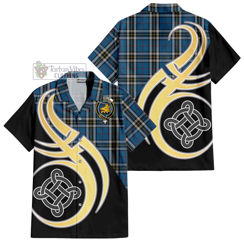 Thomson Dress Blue Tartan Short Sleeve Button Shirt with Family Crest and Celtic Symbol Style - Tartan Vibes Clothing