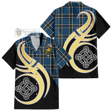 Thomson Dress Blue Tartan Short Sleeve Button Shirt with Family Crest and Celtic Symbol Style