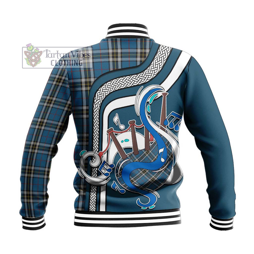 Tartan Vibes Clothing Thomson Dress Blue Tartan Baseball Jacket with Epic Bagpipe Style