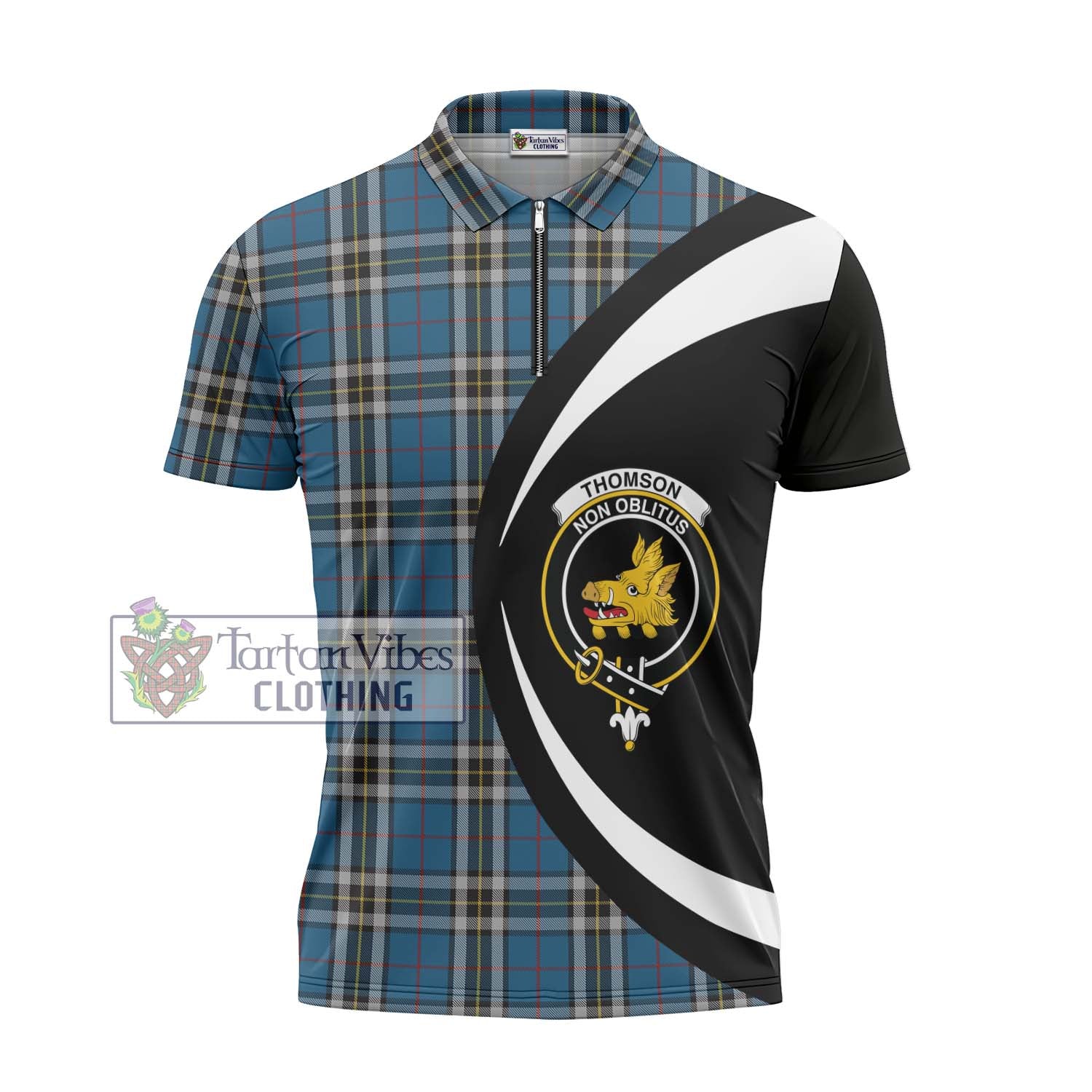 Thomson Dress Blue Tartan Zipper Polo Shirt with Family Crest Circle Style - Tartan Vibes Clothing