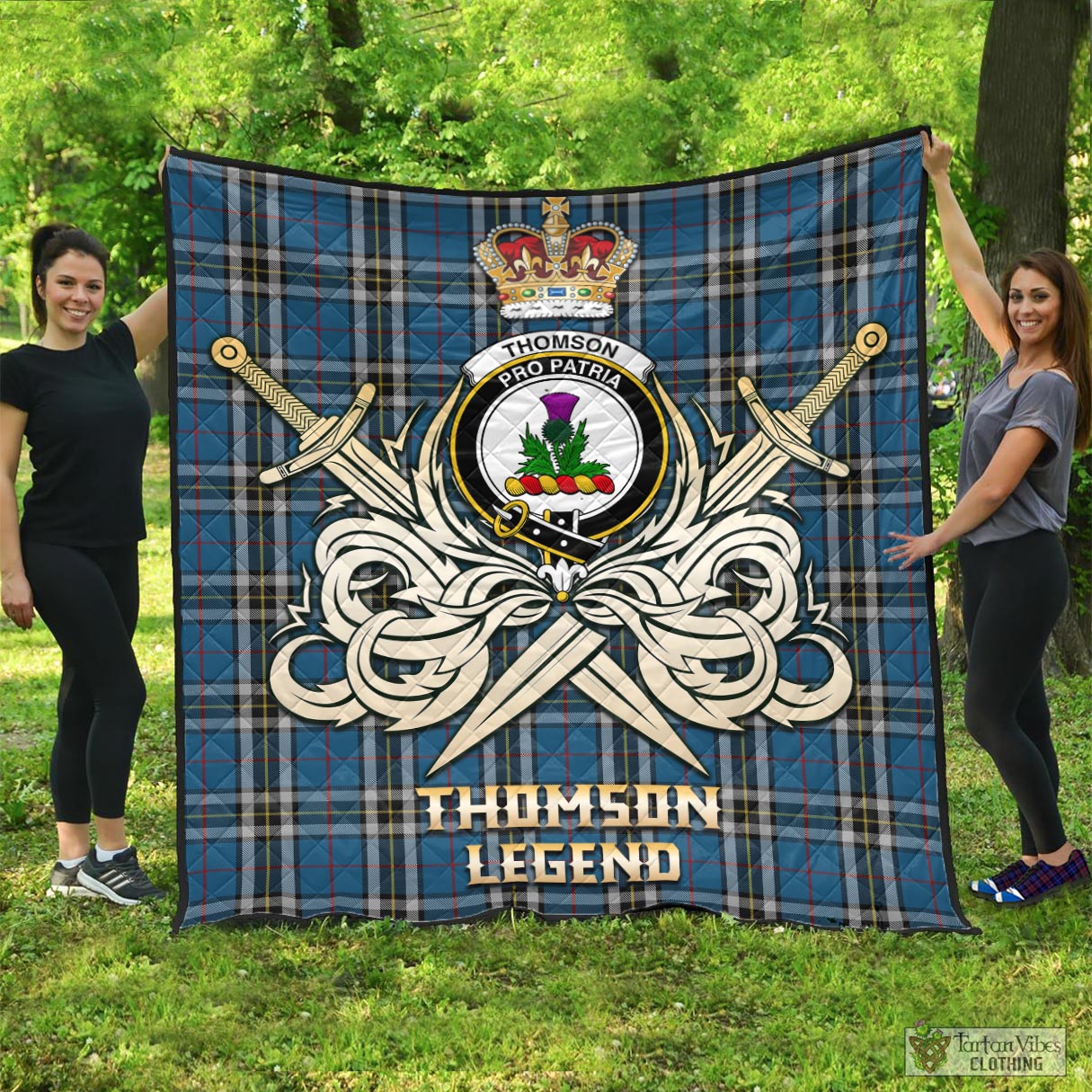 Tartan Vibes Clothing Thomson Dress Blue Tartan Quilt with Clan Crest and the Golden Sword of Courageous Legacy