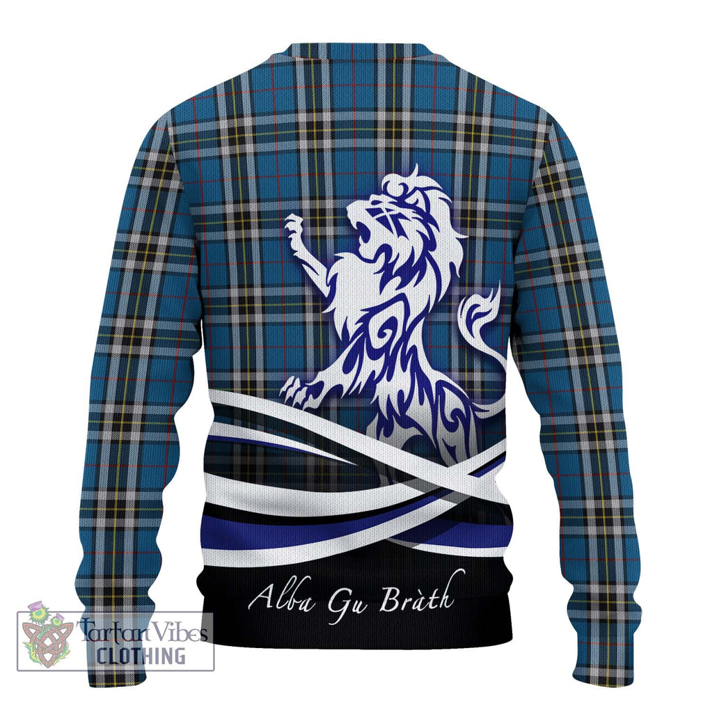 Thomson Dress Blue Tartan Knitted Sweater with Alba Gu Brath Regal Lion Emblem - Tartanvibesclothing Shop