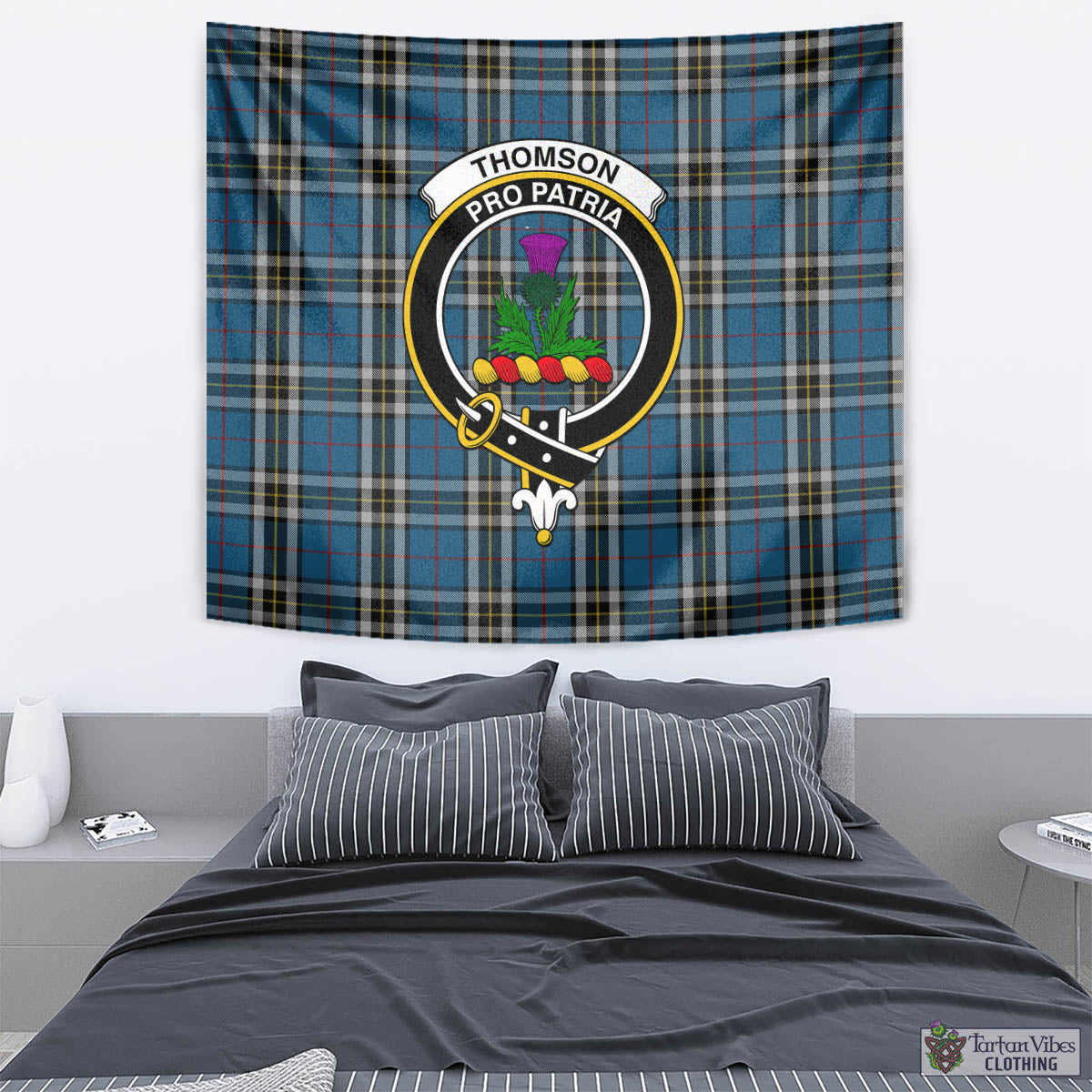 Tartan Vibes Clothing Thomson Dress Blue Tartan Tapestry Wall Hanging and Home Decor for Room with Family Crest