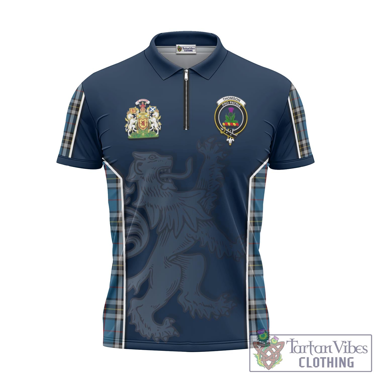 Tartan Vibes Clothing Thomson Dress Blue Tartan Zipper Polo Shirt with Family Crest and Lion Rampant Vibes Sport Style