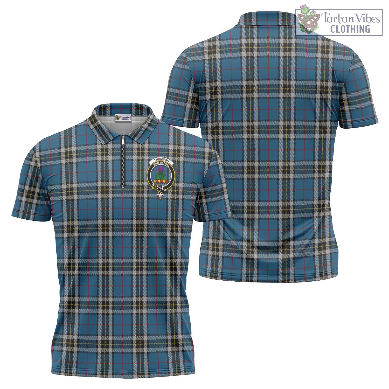 Tartan Vibes Clothing Thomson Dress Blue Tartan Zipper Polo Shirt with Family Crest