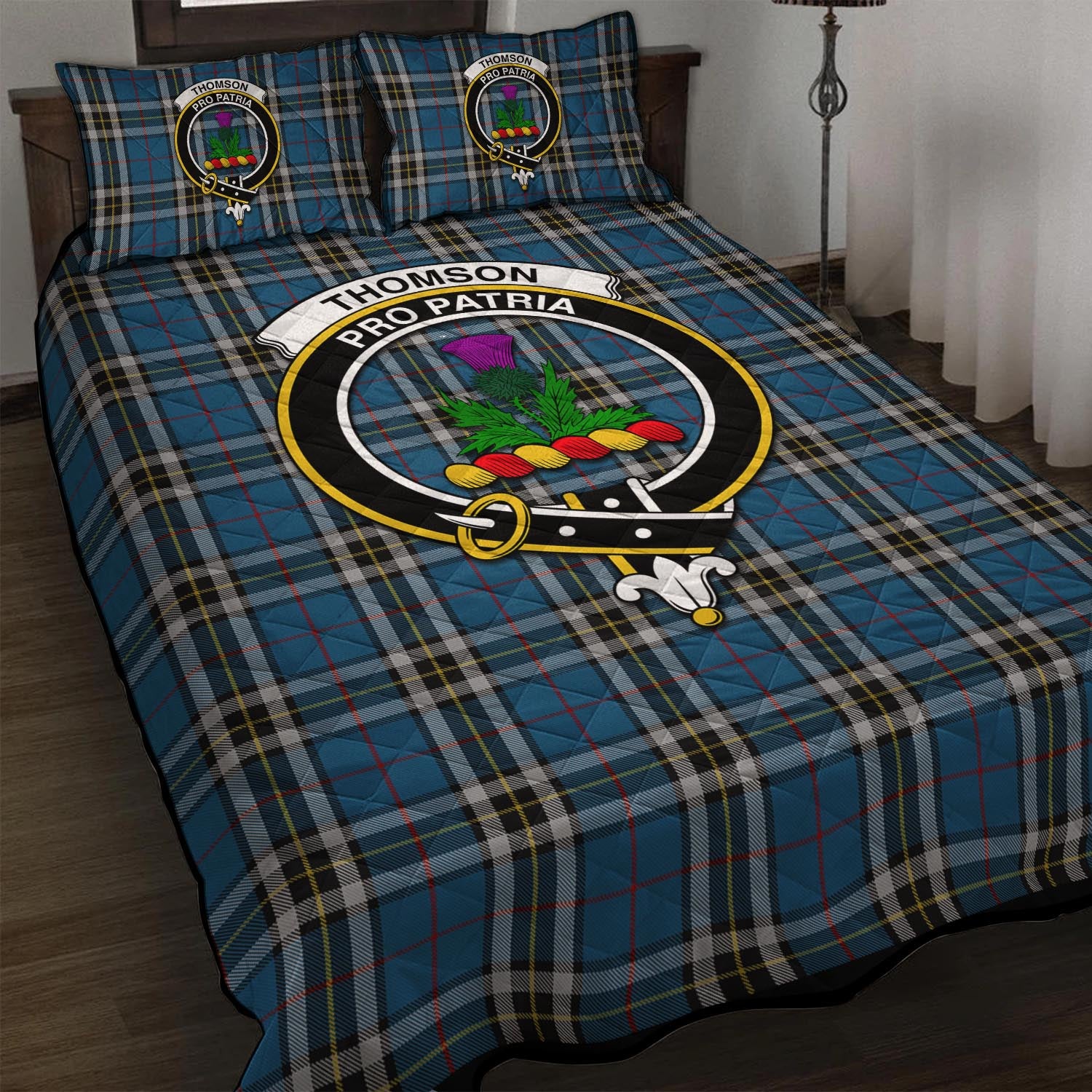 Thomson Dress Blue Tartan Quilt Bed Set with Family Crest - Tartan Vibes Clothing