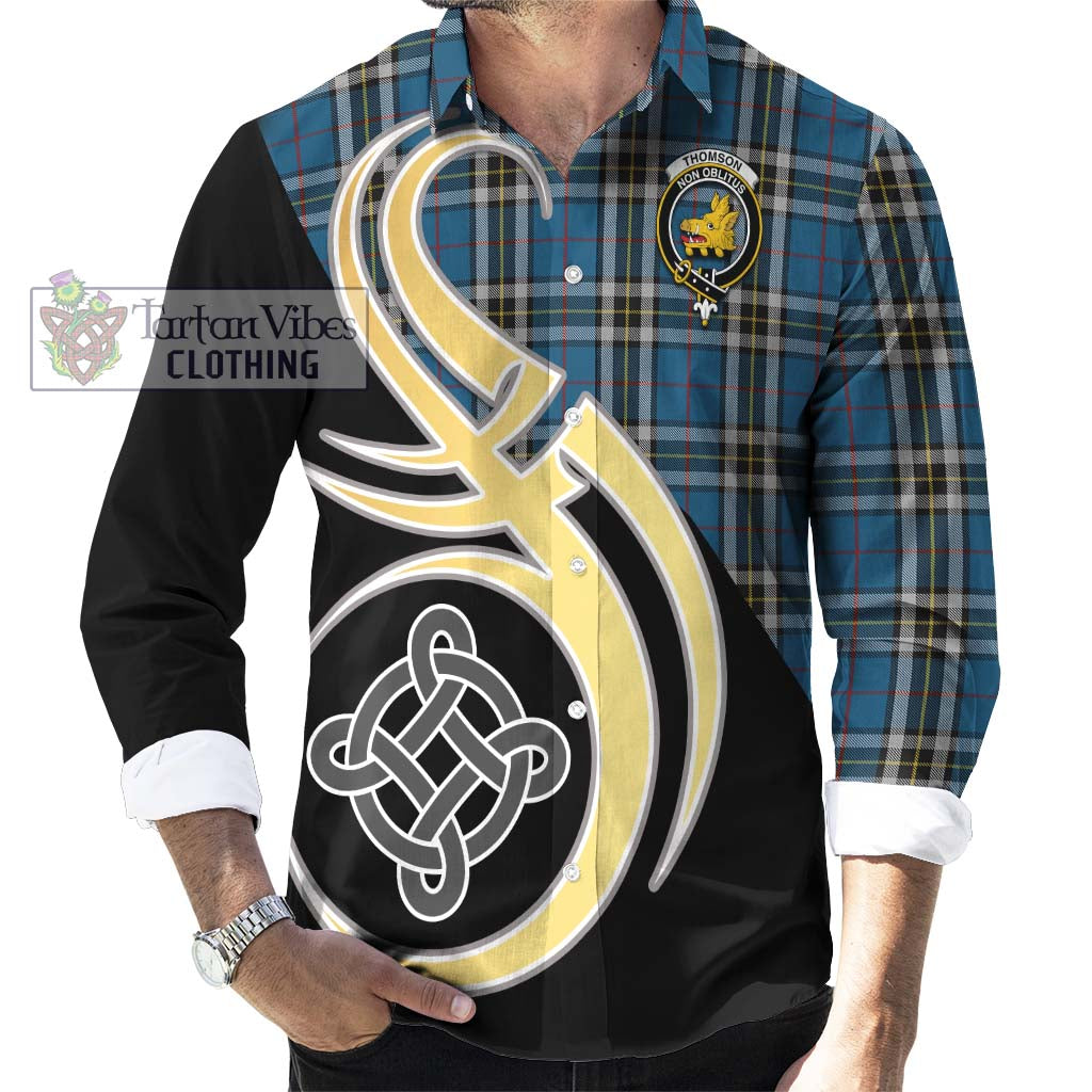 Thomson Dress Blue Tartan Long Sleeve Button Shirt with Family Crest and Celtic Symbol Style - Tartan Vibes Clothing