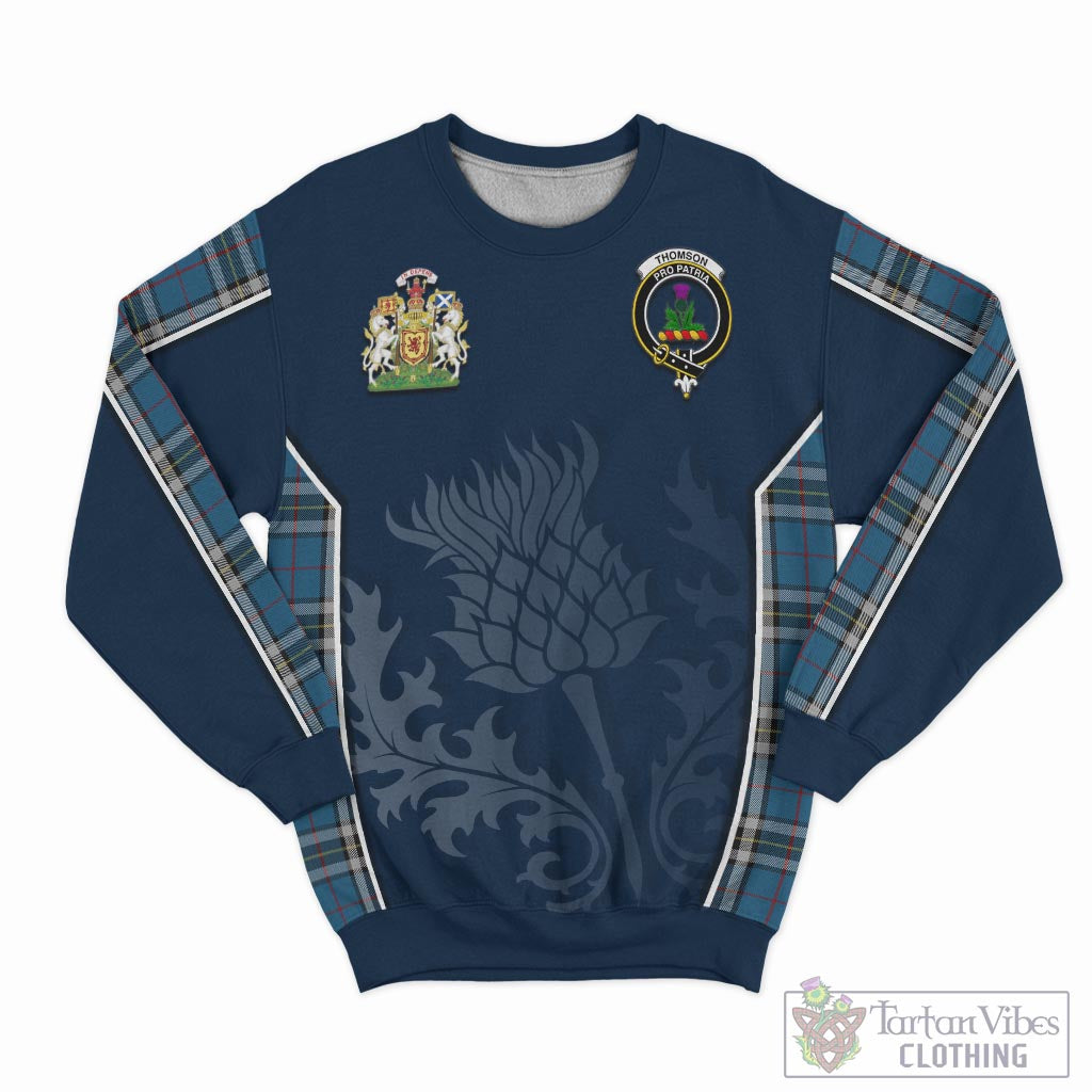 Tartan Vibes Clothing Thomson Dress Blue Tartan Sweatshirt with Family Crest and Scottish Thistle Vibes Sport Style