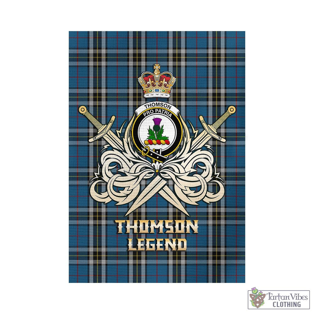 Tartan Vibes Clothing Thomson Dress Blue Tartan Flag with Clan Crest and the Golden Sword of Courageous Legacy