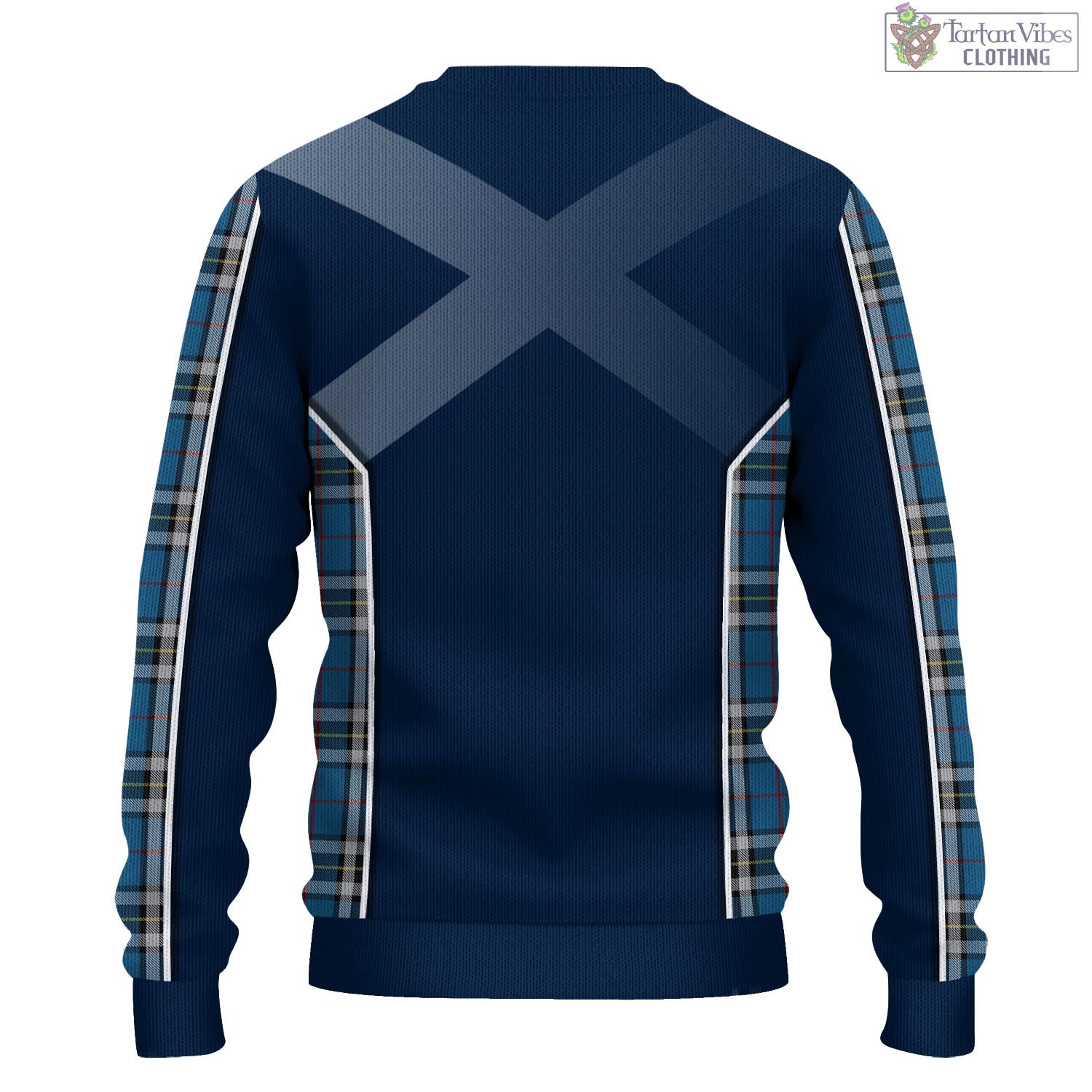 Tartan Vibes Clothing Thomson Dress Blue Tartan Knitted Sweatshirt with Family Crest and Scottish Thistle Vibes Sport Style