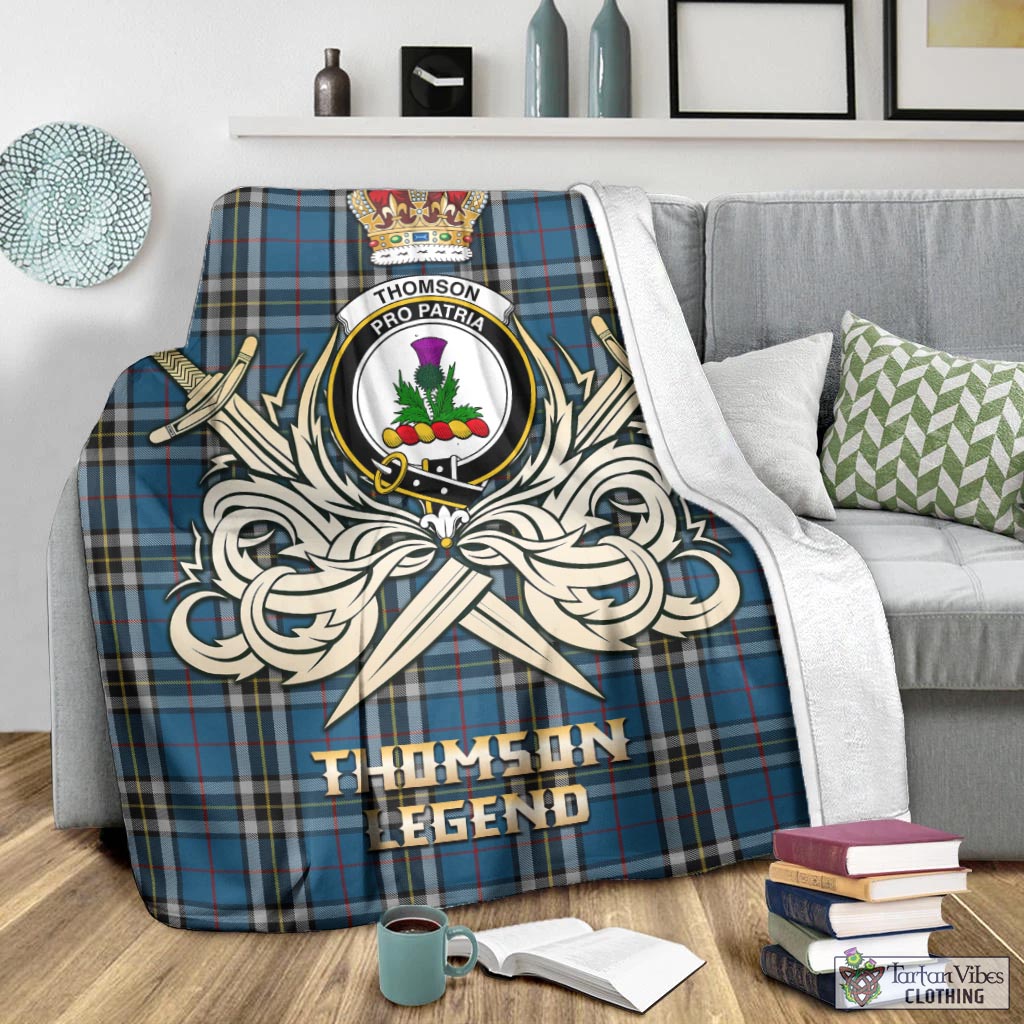 Tartan Vibes Clothing Thomson Dress Blue Tartan Blanket with Clan Crest and the Golden Sword of Courageous Legacy