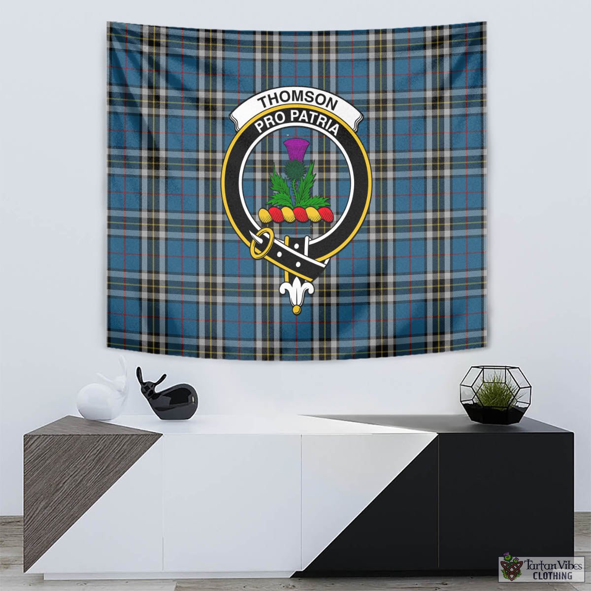 Tartan Vibes Clothing Thomson Dress Blue Tartan Tapestry Wall Hanging and Home Decor for Room with Family Crest