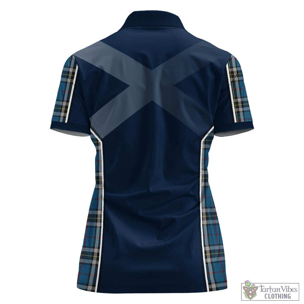 Tartan Vibes Clothing Thomson Dress Blue Tartan Women's Polo Shirt with Family Crest and Scottish Thistle Vibes Sport Style