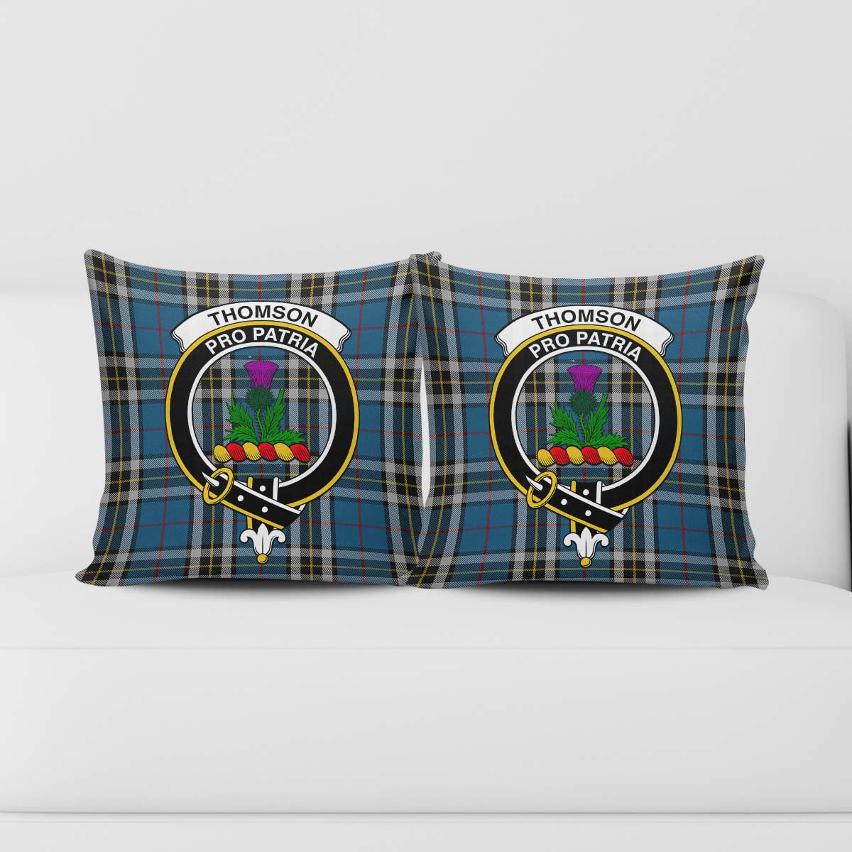 Thomson Dress Blue Tartan Pillow Cover with Family Crest - Tartanvibesclothing