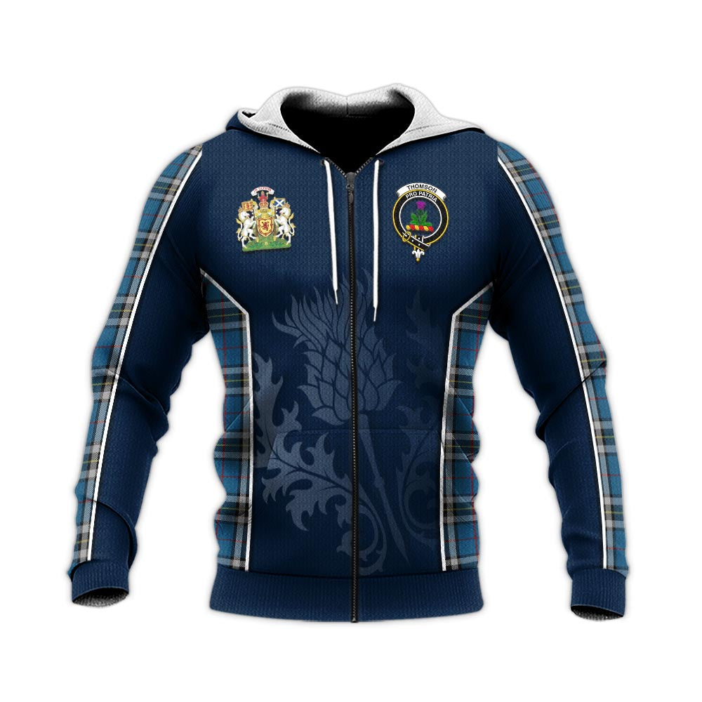 Tartan Vibes Clothing Thomson Dress Blue Tartan Knitted Hoodie with Family Crest and Scottish Thistle Vibes Sport Style