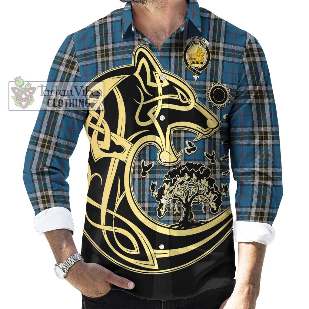 Thomson Dress Blue Tartan Long Sleeve Button Shirt with Family Crest Celtic Wolf Style - Tartan Vibes Clothing