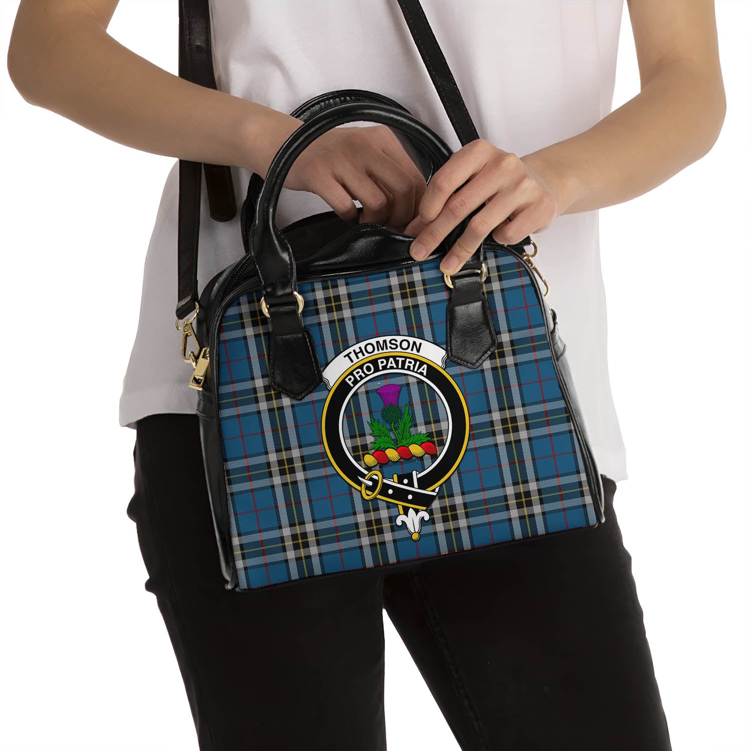 Thomson Dress Blue Tartan Shoulder Handbags with Family Crest - Tartanvibesclothing