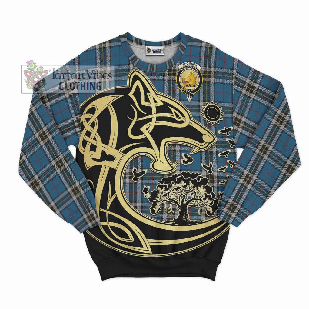 Thomson Dress Blue Tartan Sweatshirt with Family Crest Celtic Wolf Style - Tartan Vibes Clothing