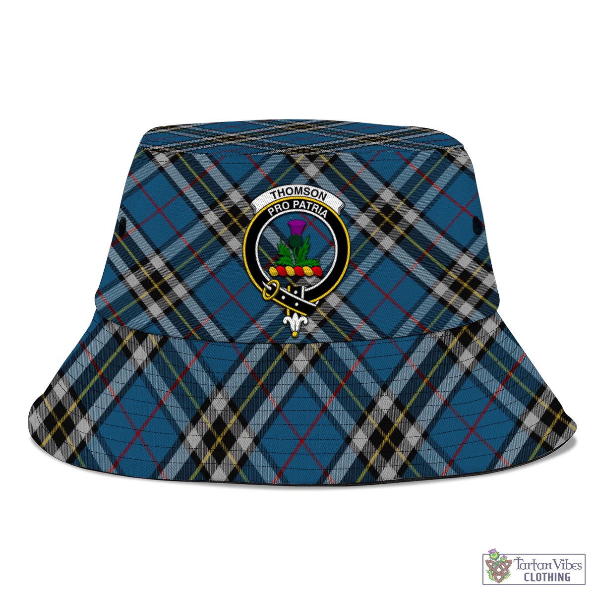 Tartan Vibes Clothing Thomson Dress Blue Tartan Bucket Hat with Family Crest