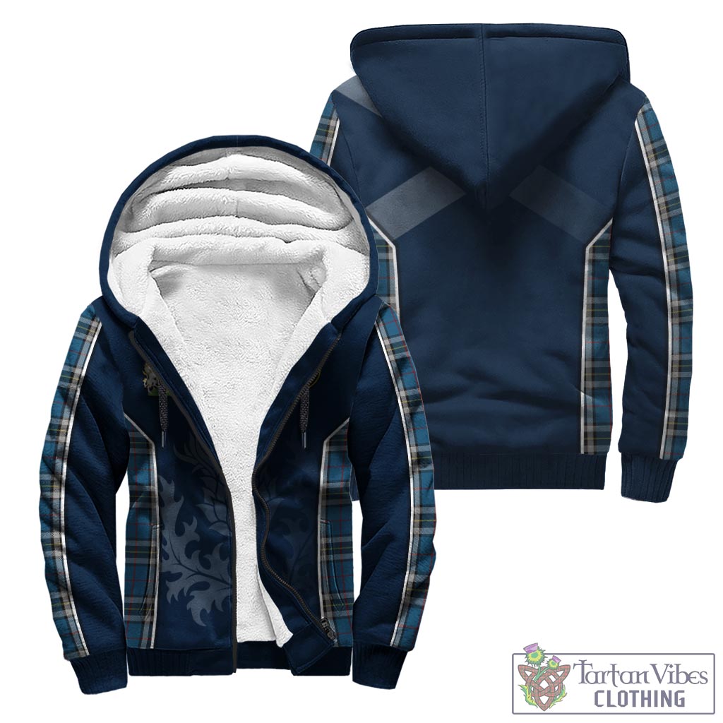 Tartan Vibes Clothing Thomson Dress Blue Tartan Sherpa Hoodie with Family Crest and Scottish Thistle Vibes Sport Style