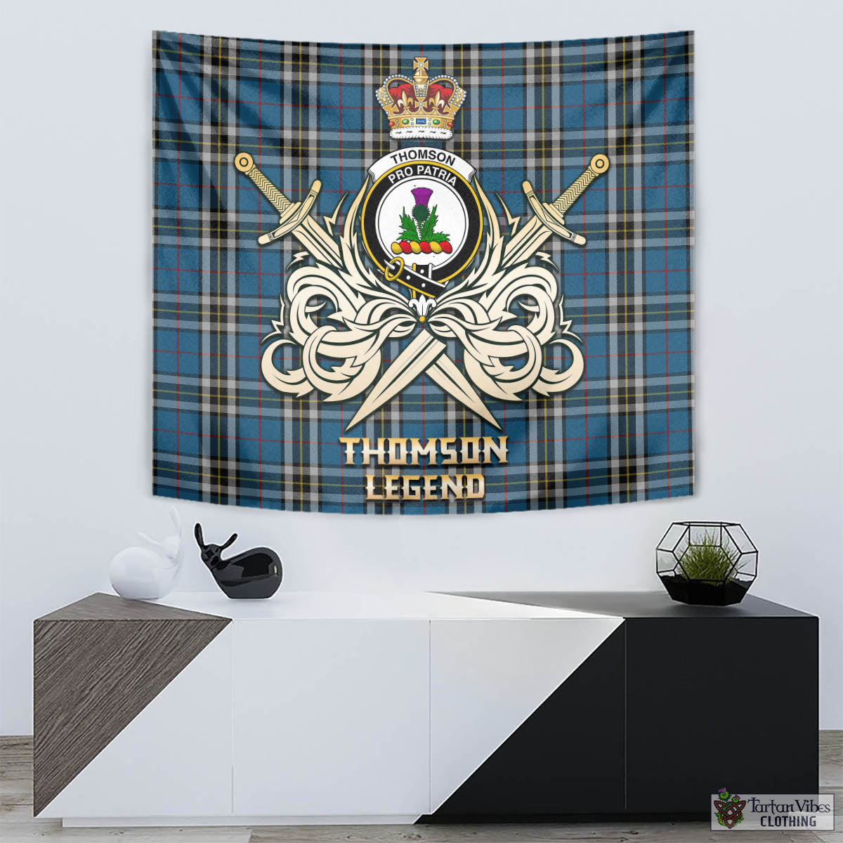 Tartan Vibes Clothing Thomson Dress Blue Tartan Tapestry with Clan Crest and the Golden Sword of Courageous Legacy