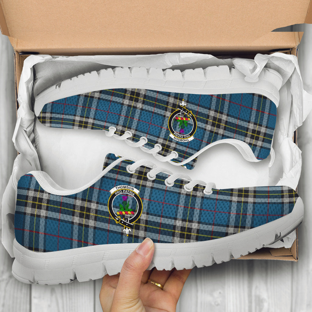 Thomson Dress Blue Tartan Sneakers with Family Crest - Tartan Vibes Clothing