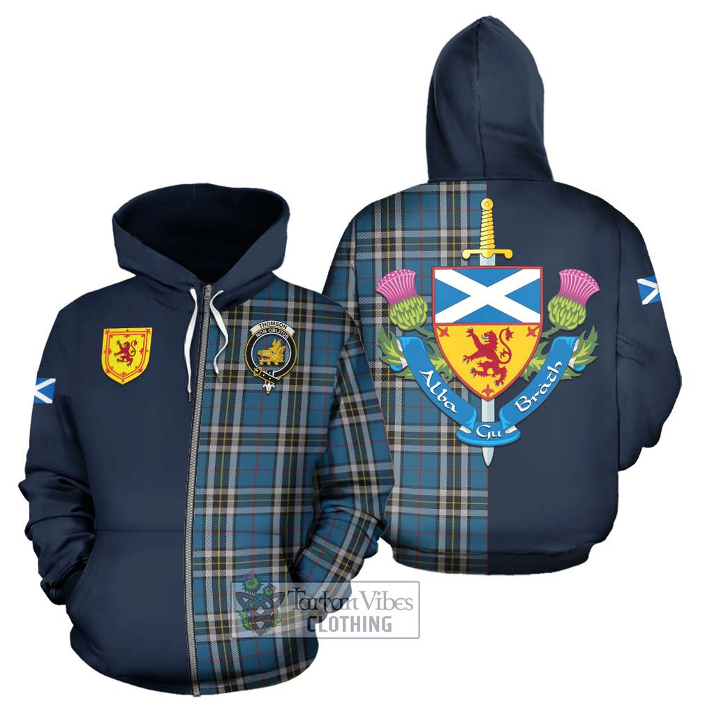 Tartan Vibes Clothing Thomson Dress Blue Tartan Hoodie with Scottish Lion Royal Arm Half Style