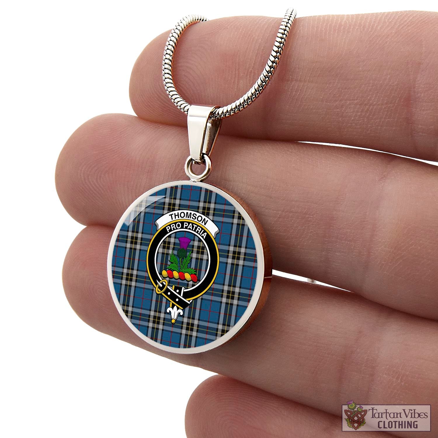 Tartan Vibes Clothing Thomson Dress Blue Tartan Circle Necklace with Family Crest