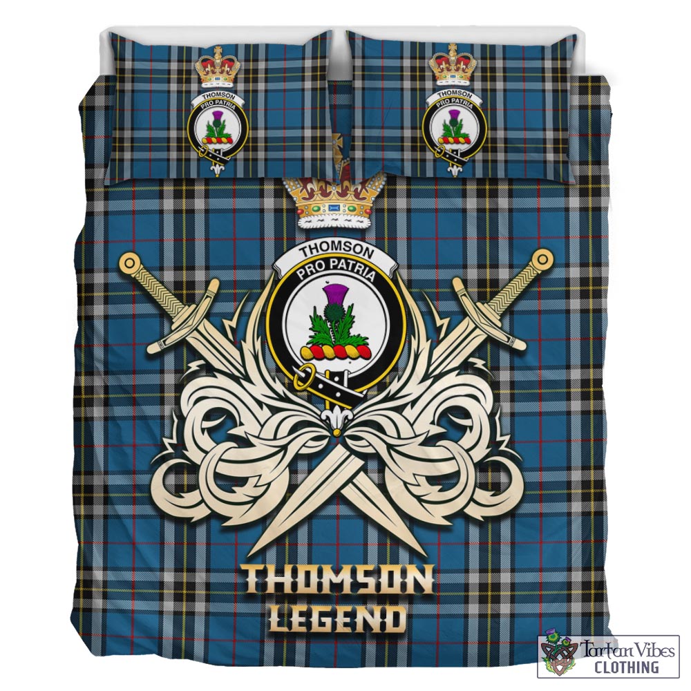 Tartan Vibes Clothing Thomson Dress Blue Tartan Bedding Set with Clan Crest and the Golden Sword of Courageous Legacy